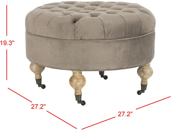 Safavieh Clara Tufted Round Ottoman - Elegant Linen Seat With Solid Wood Base And Smooth-Rolling Casters Mushroom MCR4601E