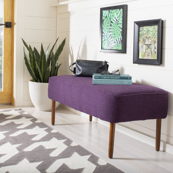 Safavieh Levi Mid-Century Modern Bench With Upholstered Seat And Natural Oak Legs For Stylish Home Decor Plum MCR4609C