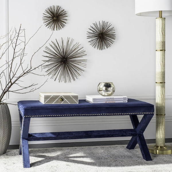 Safavieh Melanie Extended Upholstered Bench In Navy Suede - Stylish Accent For Living Rooms & Bedrooms MCR4617F