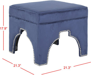 Safavieh Grant Ottoman In Sumptuous Navy Velvet With Glam Silver Nail Heads For Chic Living Room Style MCR4636C