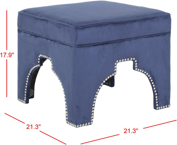 Safavieh Grant Ottoman In Sumptuous Navy Velvet With Glam Silver Nail Heads For Chic Living Room Style MCR4636C