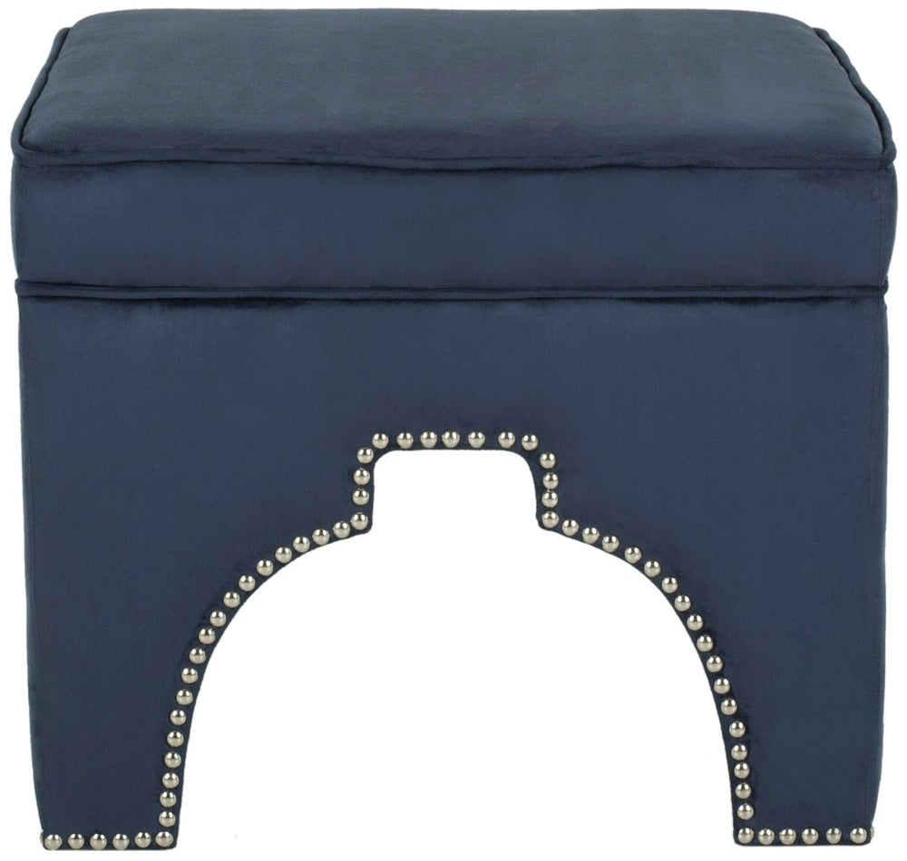 Safavieh Grant Ottoman In Sumptuous Navy Velvet With Glam Silver Nail Heads For Chic Living Room Style MCR4636C
