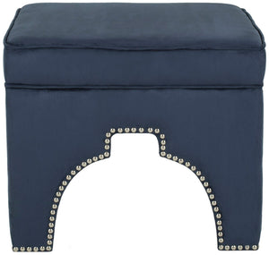 Safavieh Grant Ottoman In Sumptuous Navy Velvet With Glam Silver Nail Heads For Chic Living Room Style MCR4636C