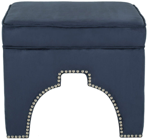 Safavieh Grant Ottoman In Sumptuous Navy Velvet With Glam Silver Nail Heads For Chic Living Room Style MCR4636C