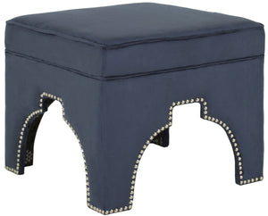 Safavieh Grant Ottoman In Sumptuous Navy Velvet With Glam Silver Nail Heads For Chic Living Room Style MCR4636C