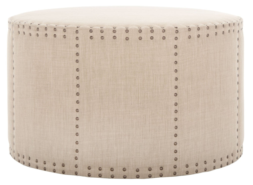 Safavieh Sherri Cocktail Ottoman - Elegant Beige Linen, Brass Nailhead Trim, Multi-Functional Accent Piece MCR4640A