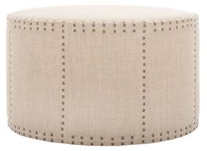 Safavieh Sherri Cocktail Ottoman - Elegant Beige Linen, Brass Nailhead Trim, Multi-Functional Accent Piece MCR4640A