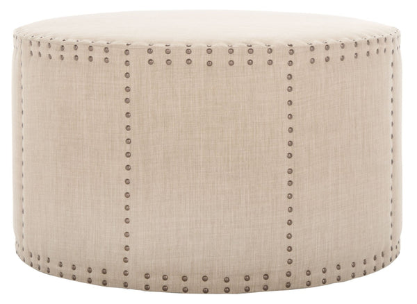 Safavieh Sherri Cocktail Ottoman - Elegant Beige Linen, Brass Nailhead Trim, Multi-Functional Accent Piece MCR4640A