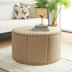 Safavieh Sherri Cocktail Ottoman - Elegant Beige Linen, Brass Nailhead Trim, Multi-Functional Accent Piece MCR4640A