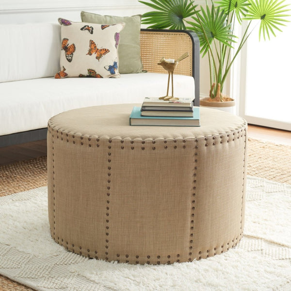 Safavieh Sherri Cocktail Ottoman - Elegant Beige Linen, Brass Nailhead Trim, Multi-Functional Accent Piece MCR4640A