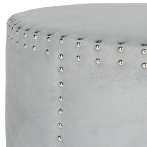 Safavieh Jody Round Ottoman In Soft Grey Velour With Silver Nailhead Trim - Stylish, Versatile Seating Solution MCR4640F