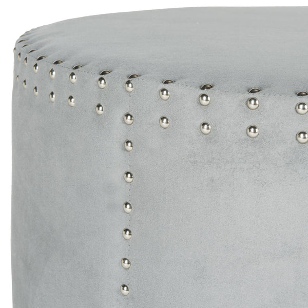 Safavieh Jody Round Ottoman In Soft Grey Velour With Silver Nailhead Trim - Stylish, Versatile Seating Solution MCR4640F