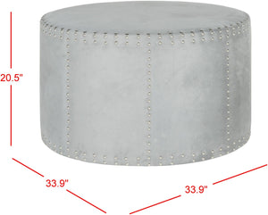 Safavieh Jody Round Ottoman In Soft Grey Velour With Silver Nailhead Trim - Stylish, Versatile Seating Solution MCR4640F