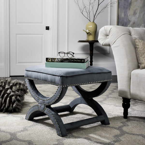 Safavieh Mystic Ottoman - Elegant Savonarola Design With Silver Nail Heads For Modern Glamour In Any Space Blue MCR4645D
