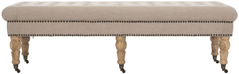 Safavieh Barney Tufted Bench With Brass Nail Heads And Vintage Oak Legs For Elegant Home Décor & Comfort True Taupe MCR4649C