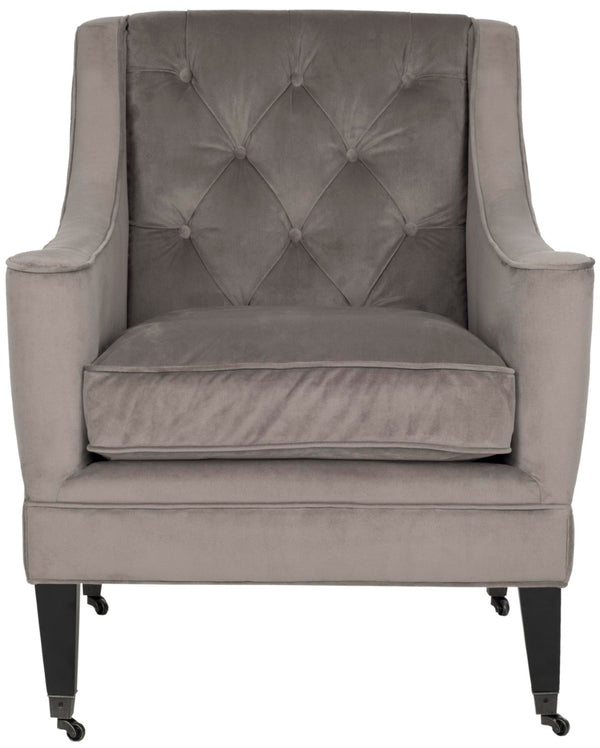 Safavieh Sherman Tufted Arm Chair - Elegant Mushroom Taupe Velvet, Button-Tufted Back, & Hidden Casters MCR4661B
