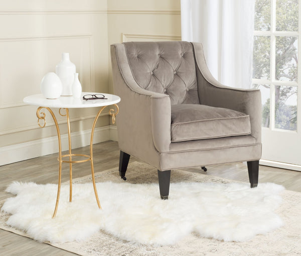 Safavieh Sherman Tufted Arm Chair - Elegant Mushroom Taupe Velvet, Button-Tufted Back, & Hidden Casters MCR4661B