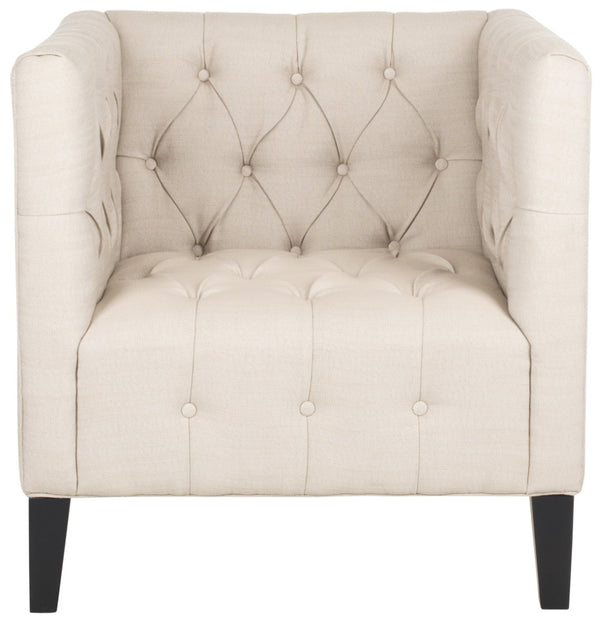 Safavieh Glen Tufted Club Chair - Elegant Beige Upholstered Accent Chair With Tuxedo Design & Black Legs MCR4662A