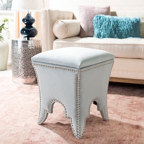 Safavieh Deidra Ottoman - Stylish Spanish-Inspired Design With Hidden Storage And Elegant Silver Nail Heads Light Blue MCR4663D