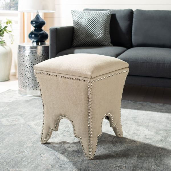 Safavieh Deidra Ottoman - Stylish Spanish-Inspired Design With Hidden Storage And Elegant Silver Nail Heads Beige MCR4663J