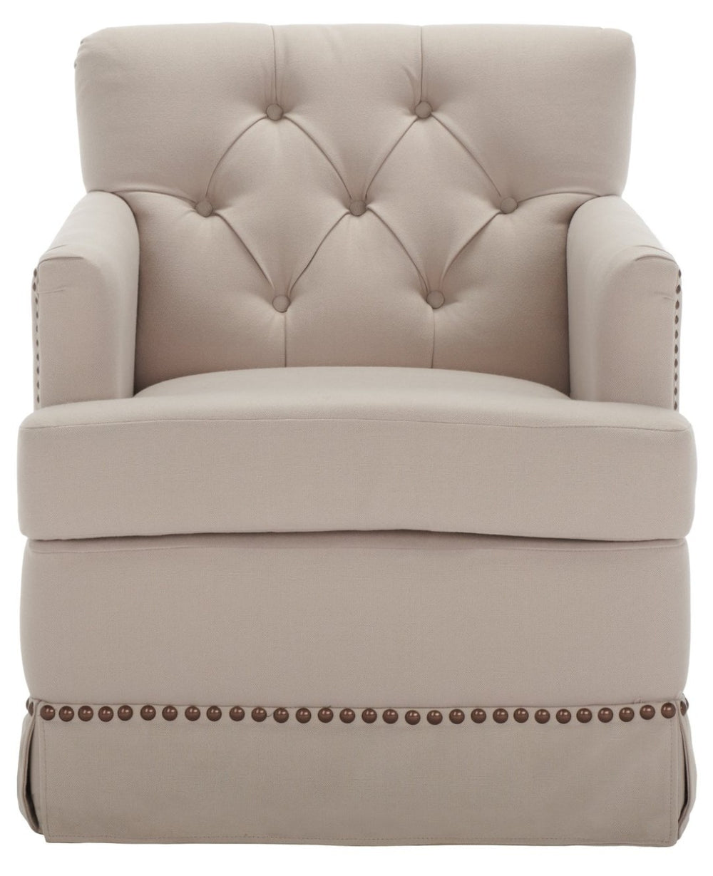 Safavieh Millicent Swivel Accent Chair In Taupe Linen With Brass Nailhead Trim For Elegant Living Spaces MCR4676A