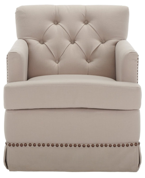 Safavieh Millicent Swivel Accent Chair In Taupe Linen With Brass Nailhead Trim For Elegant Living Spaces MCR4676A