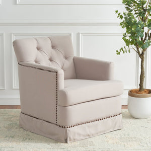 Safavieh Millicent Swivel Accent Chair In Taupe Linen With Brass Nailhead Trim For Elegant Living Spaces MCR4676A