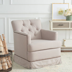 Safavieh Millicent Swivel Accent Chair In Taupe Linen With Brass Nailhead Trim For Elegant Living Spaces MCR4676A