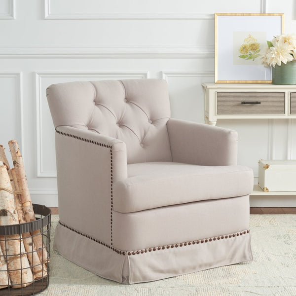 Safavieh Millicent Swivel Accent Chair In Taupe Linen With Brass Nailhead Trim For Elegant Living Spaces MCR4676A