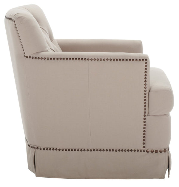 Safavieh Millicent Swivel Accent Chair In Taupe Linen With Brass Nailhead Trim For Elegant Living Spaces MCR4676A
