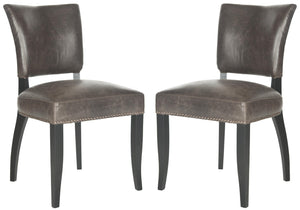 Safavieh DESA Side Chairs - Antique Brown Bicast Leather with Brass Nailhead Trim for Elegant Dining Spaces MCR4690A-SET2