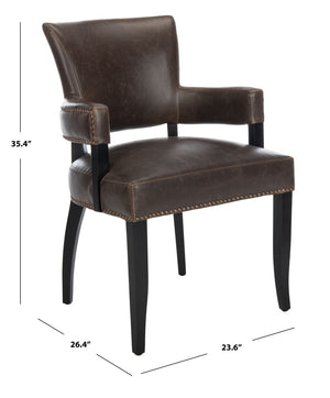 Safavieh Desa 21"H Arm Chair - Antique Brown Leather With Brass Nail Heads For Chic Dining & Lounge Style MCR4691A
