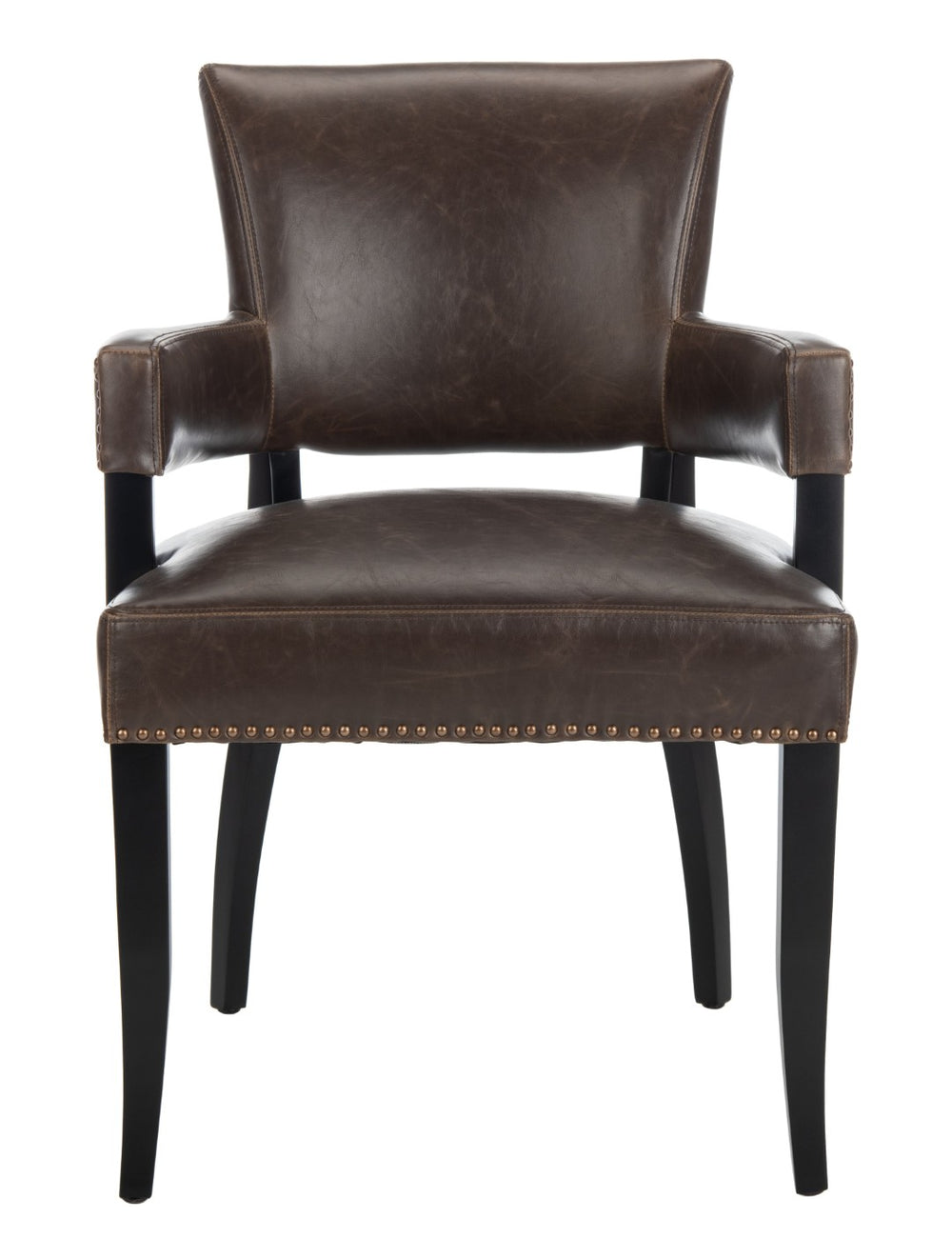Safavieh Desa 21"H Arm Chair - Antique Brown Leather With Brass Nail Heads For Chic Dining & Lounge Style MCR4691A