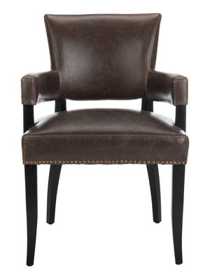 Safavieh Desa 21"H Arm Chair - Antique Brown Leather With Brass Nail Heads For Chic Dining & Lounge Style MCR4691A