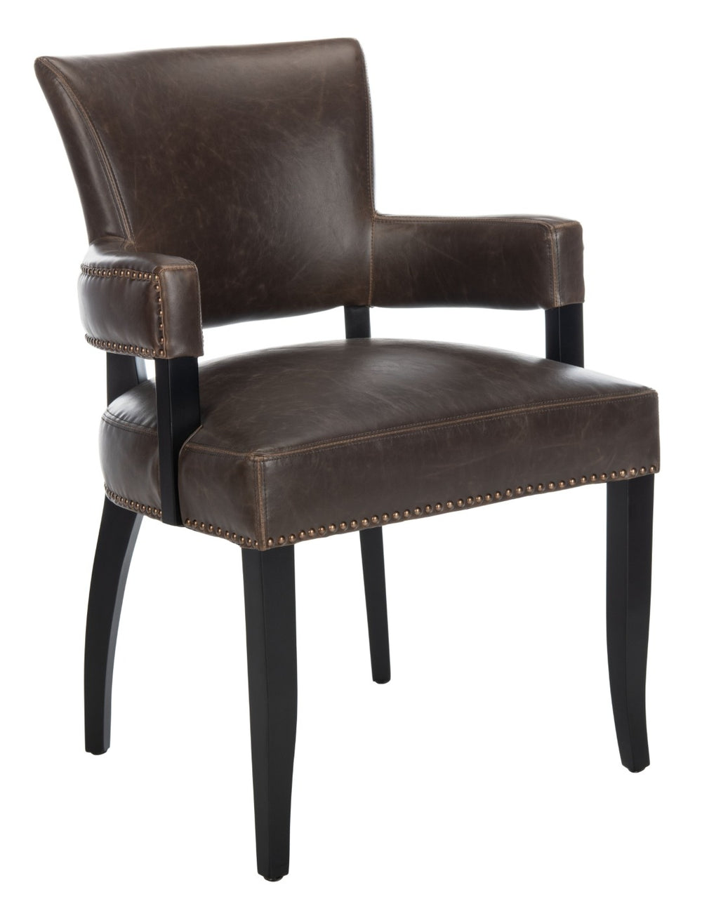 Safavieh Desa 21"H Arm Chair - Antique Brown Leather With Brass Nail Heads For Chic Dining & Lounge Style MCR4691A