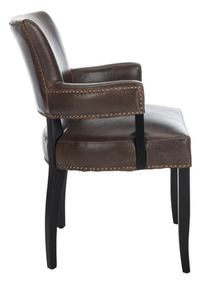 Safavieh Desa 21"H Arm Chair - Antique Brown Leather With Brass Nail Heads For Chic Dining & Lounge Style MCR4691A