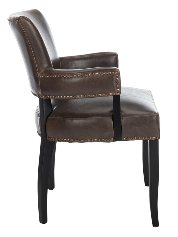 Safavieh Desa 21"H Arm Chair - Antique Brown Leather With Brass Nail Heads For Chic Dining & Lounge Style MCR4691A