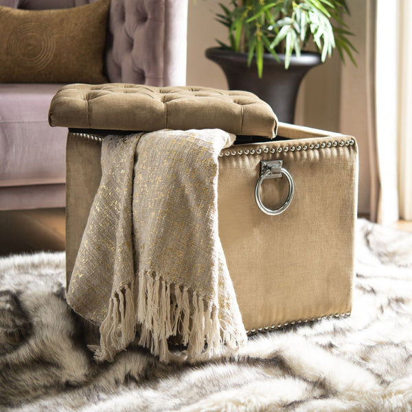 Safavieh Arturo Storage Ottoman - Luxe Velvet Design With Hidden Storage & Elegant Silver Nail-Head Accents Gold/Olive/Black MCR4694A