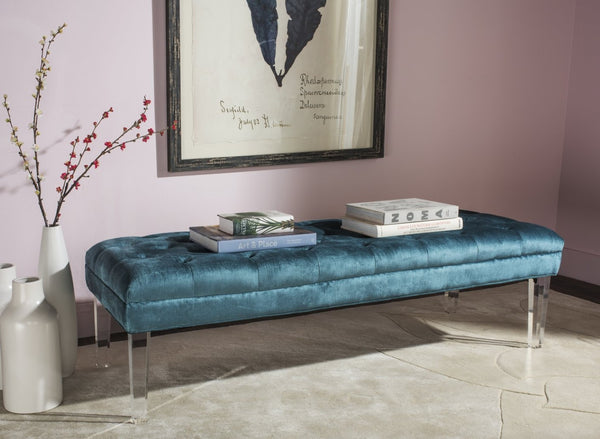 Safavieh Abrosia Tufted Bench - Luxurious Cotton Blend Upholstery With Acrylic Legs For Modern Glam Decor Cyan MCR4699C