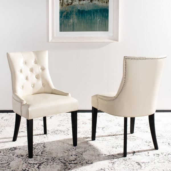 Safavieh ABBY Dining Chairs - Chic Flat Cream Leather with Espresso Legs & Silver Nailhead Trim - Set of 2 MCR4701B-SET2