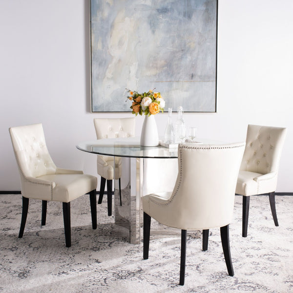 Safavieh ABBY Dining Chairs - Chic Flat Cream Leather with Espresso Legs & Silver Nailhead Trim - Set of 2 MCR4701B-SET2