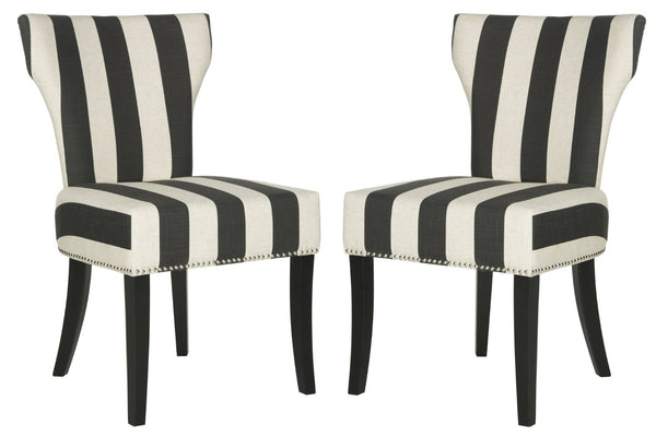 Safavieh JAPPIC Stylish Black & White Striped Dining Chairs with Curved Backrest and Espresso Legs for Elegance MCR4706F-SET2