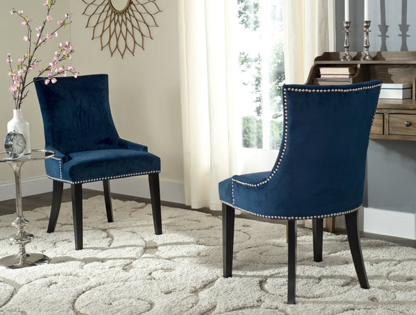 Safavieh LESTER Dining Chair Set of Two - Elegant Ergonomic Design with Brass Accents for Modern Dining Spaces Navy MCR4709L-SET2