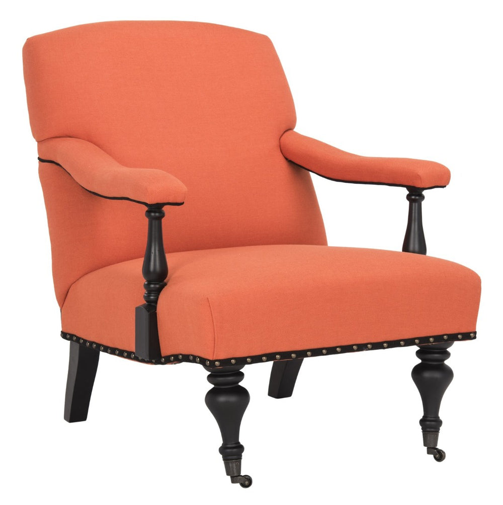 Safavieh Devona Arm Chair - 17Th Century Inspired Design With Polished Brass Nailheads & Orange Upholstery MCR4731E