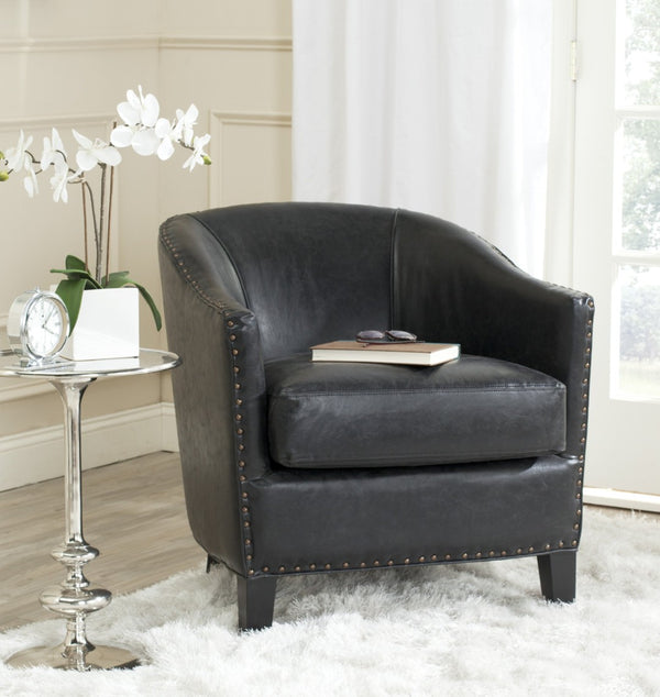Safavieh Evander Club Chair - Elegant Antique Black Pu Leather With Brass Nail Heads For Modern Comfort MCR4732A