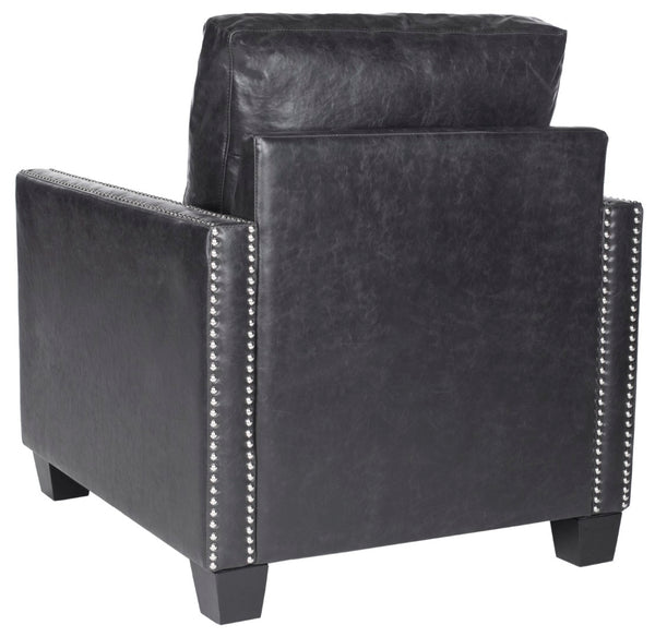 Safavieh Horace Leather Club Chair With Silver Nail Heads – Luxurious Antique Black Pu, Overstuffed Comfort MCR4736A