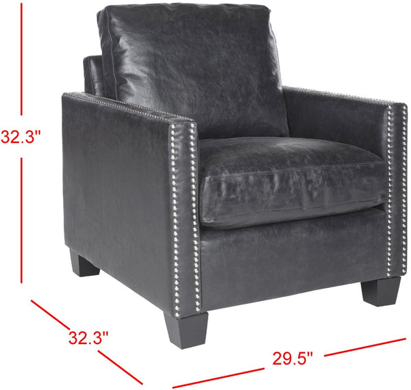 Safavieh Horace Leather Club Chair With Silver Nail Heads – Luxurious Antique Black Pu, Overstuffed Comfort MCR4736A