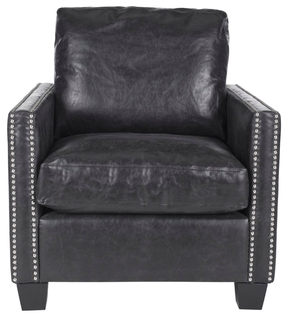 Safavieh Horace Leather Club Chair With Silver Nail Heads – Luxurious Antique Black Pu, Overstuffed Comfort MCR4736A