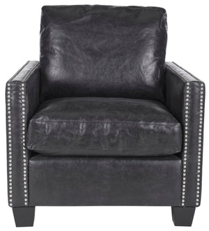 Safavieh Horace Leather Club Chair With Silver Nail Heads – Luxurious Antique Black Pu, Overstuffed Comfort MCR4736A