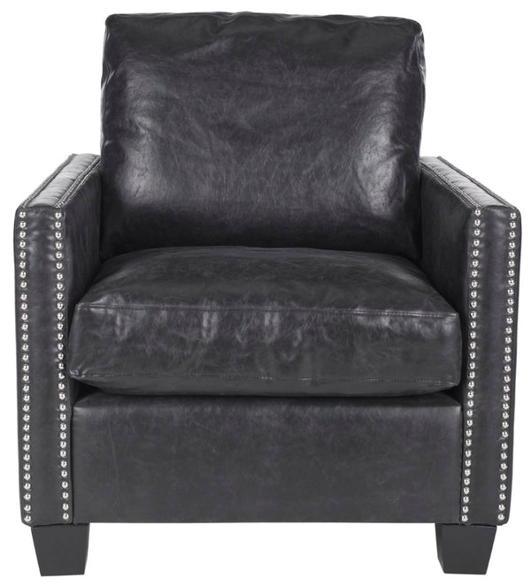 Safavieh Horace Leather Club Chair With Silver Nail Heads – Luxurious Antique Black Pu, Overstuffed Comfort MCR4736A